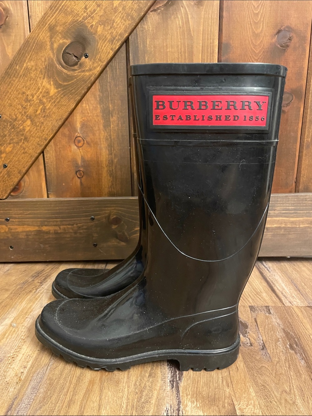 Burberry Black Rain Boots with Red Logo Patch